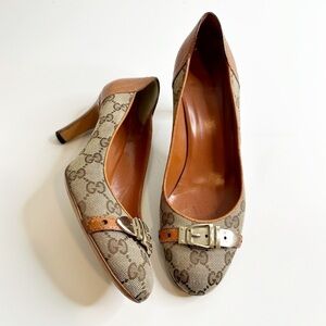 GUCCI GG Monogram Canvas Buckle Pumps Leather Trim Brown Grey Women's 38 US 7.5